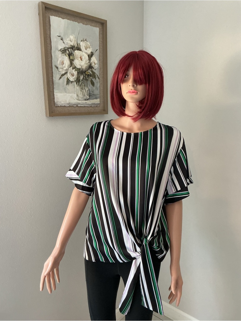 Worthington Black, White & Green Striped Tie-Front Blouse
